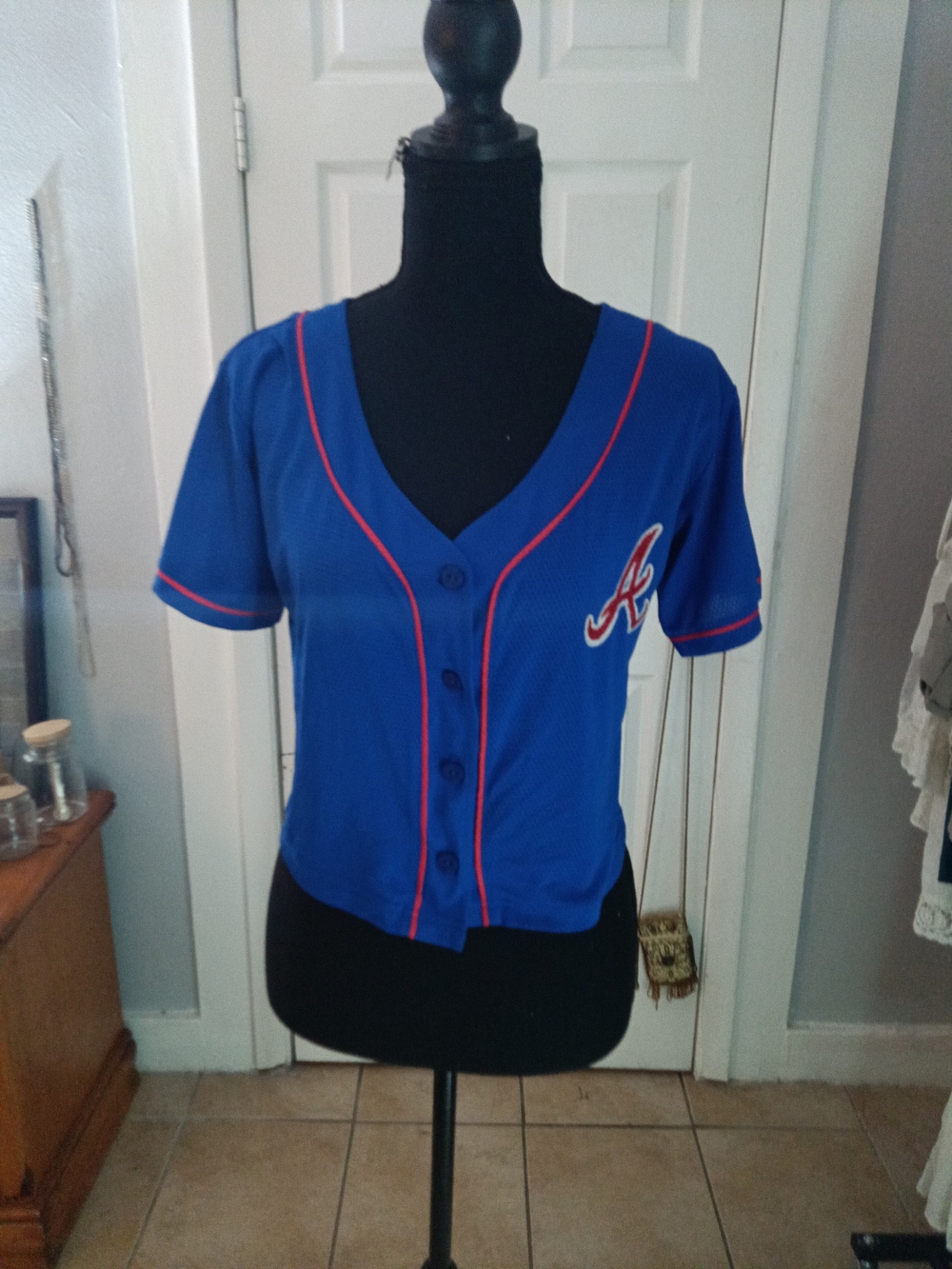 PINK Victoria's Secret Royal Blue Button-Down Baseball Style Top with Red Trim